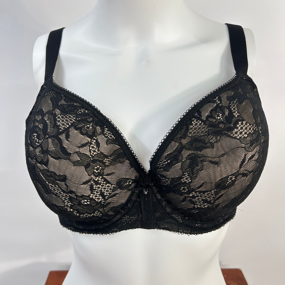 Wacoal Lace Finesse T-Shirt Bra 36DDD Black Underwire Plunge Romantic Lace